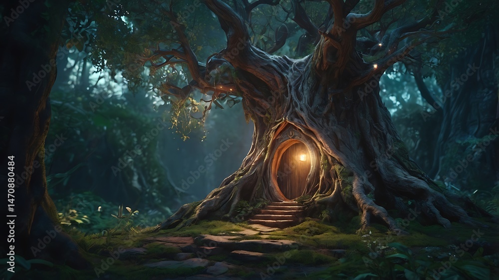 Obraz premium Mystical elven home integrated into an ancient tree, glowing in a fantasy forest, 3D rendering