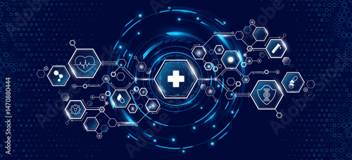 Abstract connected hexagons with health care icons and HUD circle on blue backdrop. Medical technology research presentation backdrop. Digital health insurance concept and access to welfare. Vector