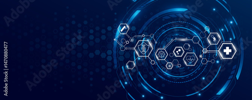 Abstract connected hexagons with health care icons and HUD circle on blue backdrop. Medical technology research presentation background for online webinar. Digital health insurance concept. Vector