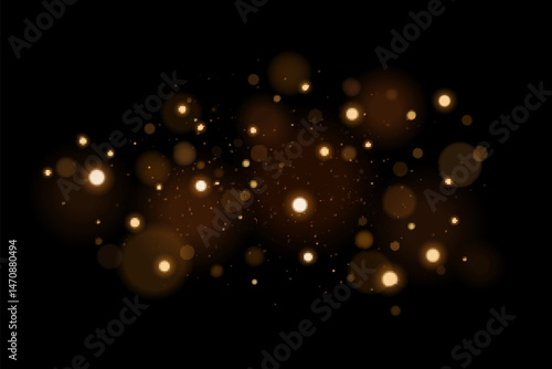 Abstract golden lights with flying magical dust. Glares bokeh isolated on black background. Festive bright light effect with sparks. Vector illustration