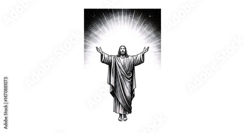 vector minimalist sketch of divine figure ascending into the clouds with rays of light, centered on a clean white background for Ascension Day

