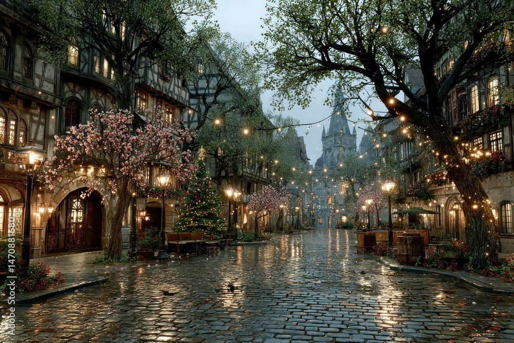 Fototapeta premium Enchanted Evening in a Cobblestone Street with Festive Lights and Blooming Trees