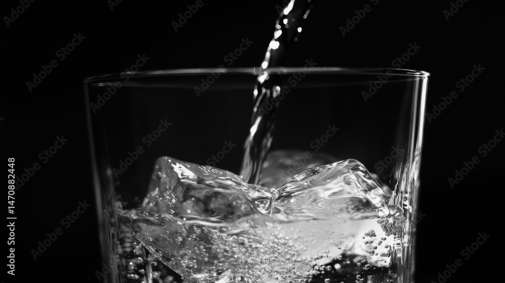 Water Pouring into Glass with Ice Cubes in Black and White Water Pouring into Glass with Ice Cubes in Black and White
