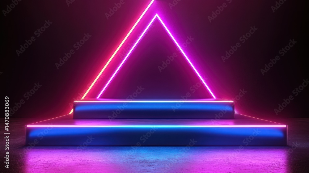 A colorful neon lit triangular structure on steps A colorful neon lit triangular structure on steps