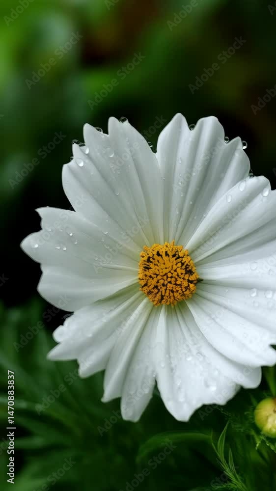 Close-up of a blooming white cosmos flower with raindrops on its petals and a yellow center against a backdrop of green foliage. Close-up of a blooming white cosmos flower with raindrops on its petals and a yellow center against a backdrop of green foliage.