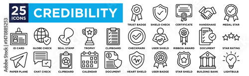Credibility icon collection set. Containing design Trust Badge, Shield Check, Certificate, Handshake, Medal Star, checkmark circle, User Shield, Ribbon Award, document check, Star Rating, ID Card, Glo
