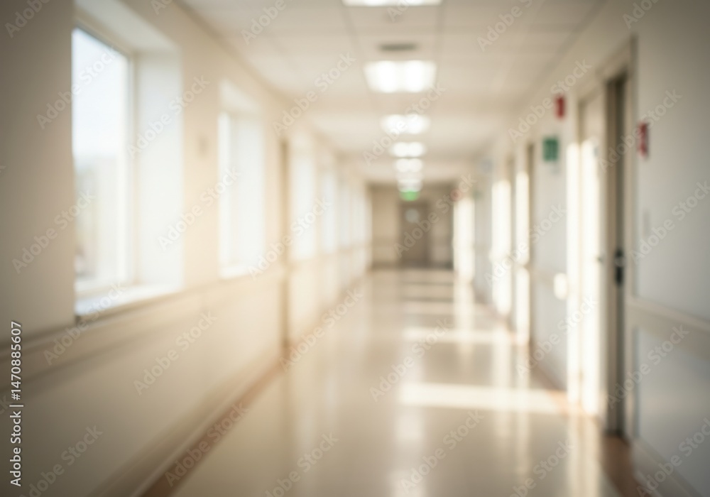 Bright, clean hospital hallway with soft lighting, windows on left, and closed doors on right Bright, clean hospital hallway with soft lighting, windows on left, and closed doors on right
