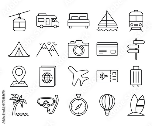 Outlined travel icons convey adventure