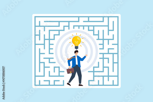 Flat illustration of businessman navigating maze to reach bright lightbulb representing journey of problem solving and strategic thinking