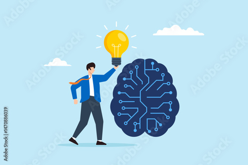 Flat illustration of businessman holding glowing lightbulb in front of digital brain representing innovation artificial intelligence and technology breakthrough