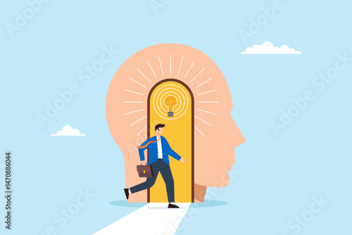 Flat illustration of businessman stepping through open head door with glowing lightbulb representing unlocking new mindset and ideas