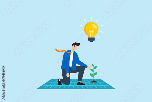 Flat illustration of businessman planting seedling in digital soil under lightbulb symbolizing growth of innovation and technology