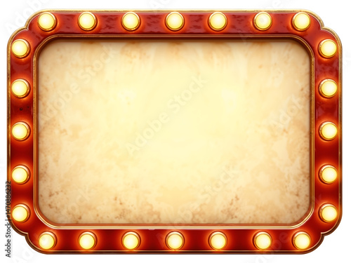 Retro marquee sign with glowing yellow bulbs and vintage red frame, blank center. Generative AI