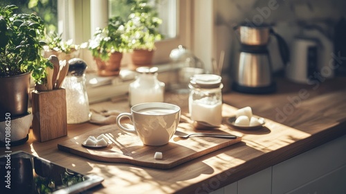 Wallpaper Mural A sunny kitchen counter with coffee and sugar on display Torontodigital.ca
