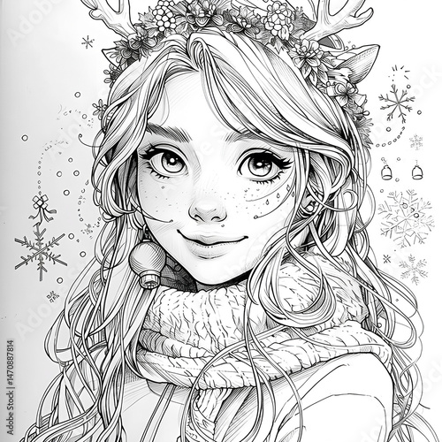 Wallpaper Mural Cute anime girl in winter outfit with festive decorations – black and white line art illustration for coloring book Torontodigital.ca