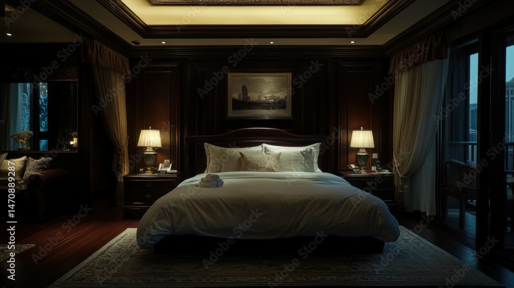 A luxurious bedroom interior featuring a large bed and decor A luxurious bedroom interior featuring a large bed and decor