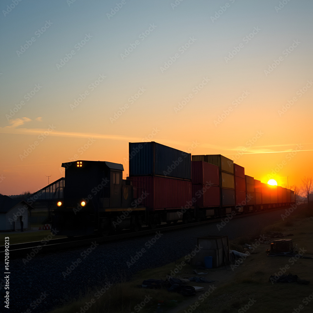 Obraz premium A long container stack train glowing in the amber sunset