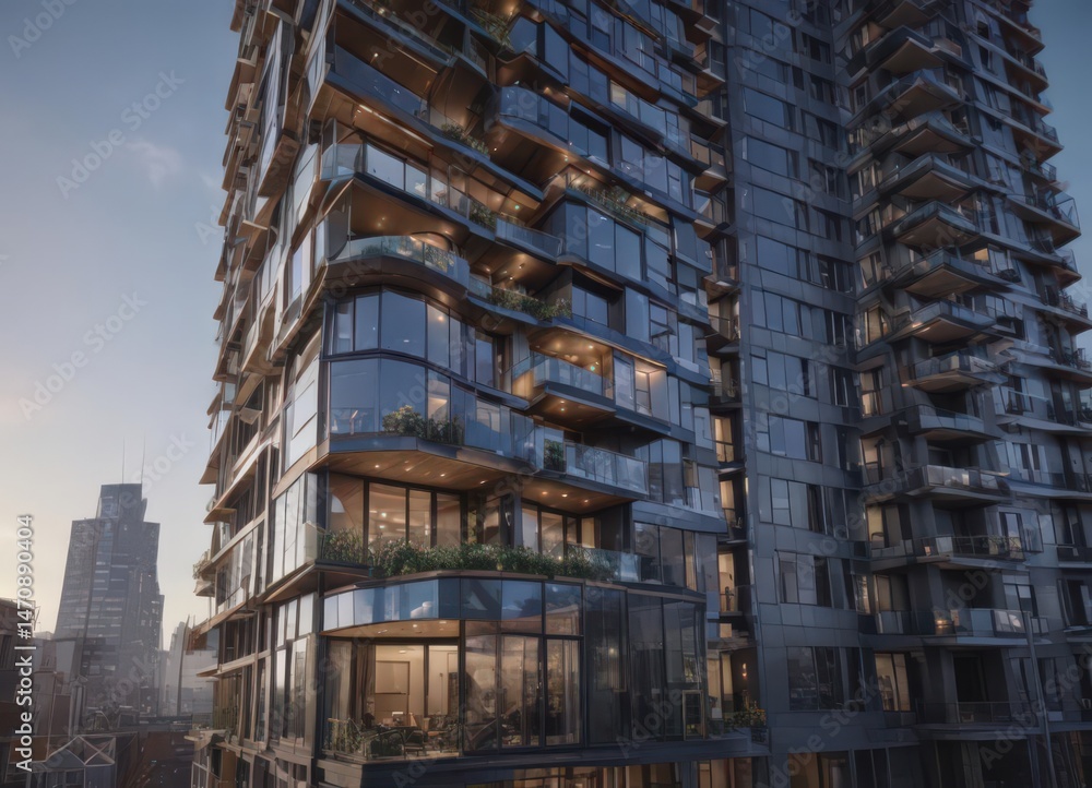 Fototapeta premium Dynamic time-lapse capturing a luxury residential tower's transformation , drone, facade