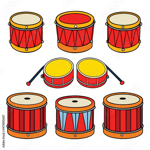 Six classic drumbeat arranged on white background