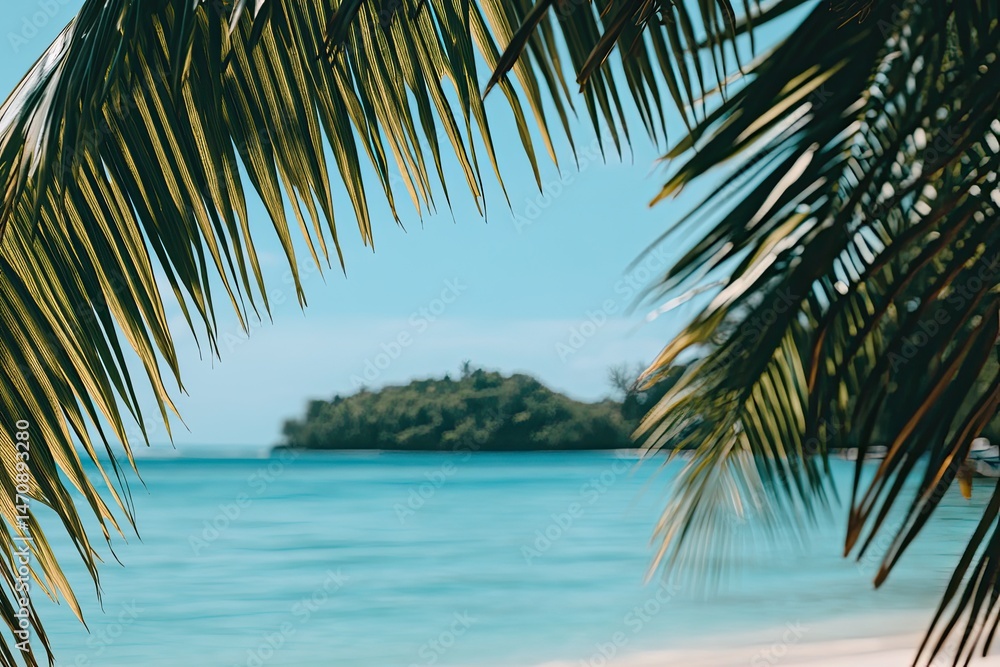Fototapeta premium Tropical island paradise viewed through palm fronds