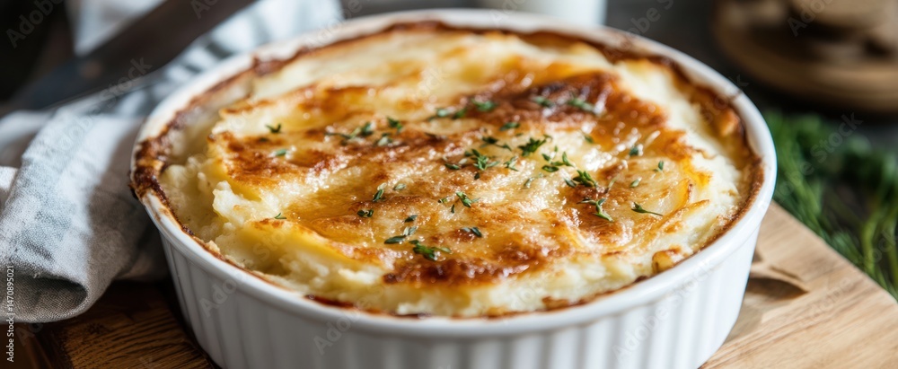 Creamy, golden-brown scalloped potatoes in a white dish. Creamy, golden-brown scalloped potatoes in a white dish.