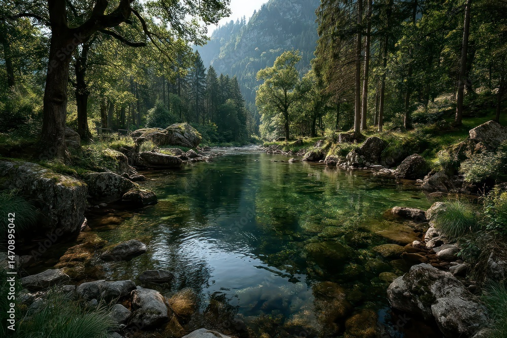 Fototapeta premium Tranquil Forest Stream with Crystal Clear Water and Lush Greenery Ideal for Nature and Relaxat