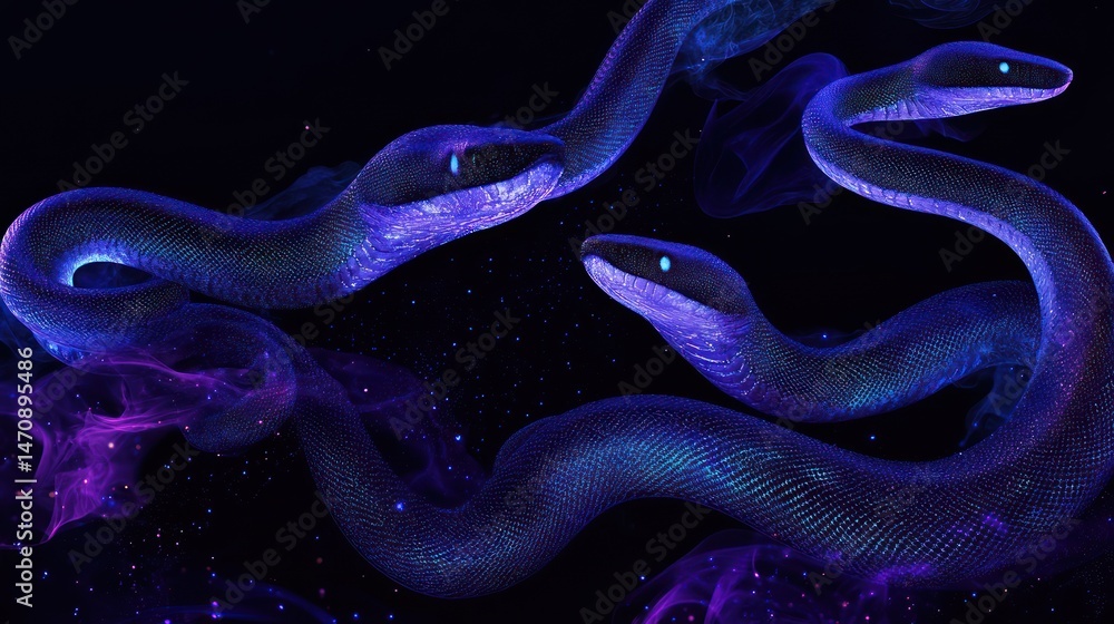 Fototapeta premium Neon Serpents in Smoky Darkness