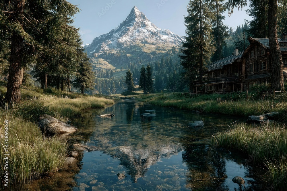 Naklejka premium Serene Mountain River Scene with Cabin and Reflection