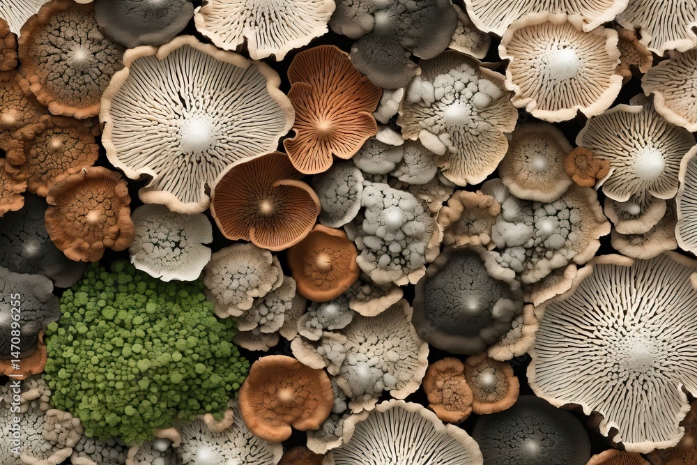 Diverse mushroom collection with broccoli. Fungi variety closeup. Gourmet ingredient for vegetarian cuisine. Autumn forest harvest concept. Thanksgiving dish. Diverse mushroom collection with broccoli. Fungi variety closeup. Gourmet ingredient for vegetarian cuisine. Autumn forest harvest concept. Thanksgiving dish.