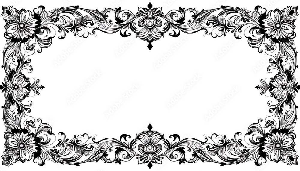Sophisticated black floral ornamental frame with intricate patterns and floral accents, perfect for luxury-themed designs, invitations, and vintage projects. Sophisticated black floral ornamental frame with intricate patterns and floral accents, perfect for luxury-themed designs, invitations, and vintage projects.