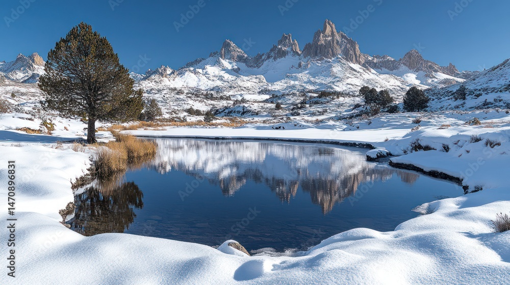 Fototapeta premium Snowy mountain lake reflection