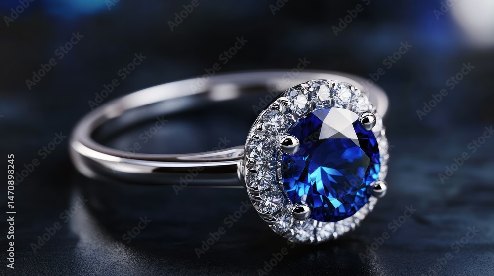 A beautiful diamond ring with a sparkling blue gemstone center A beautiful diamond ring with a sparkling blue gemstone center
