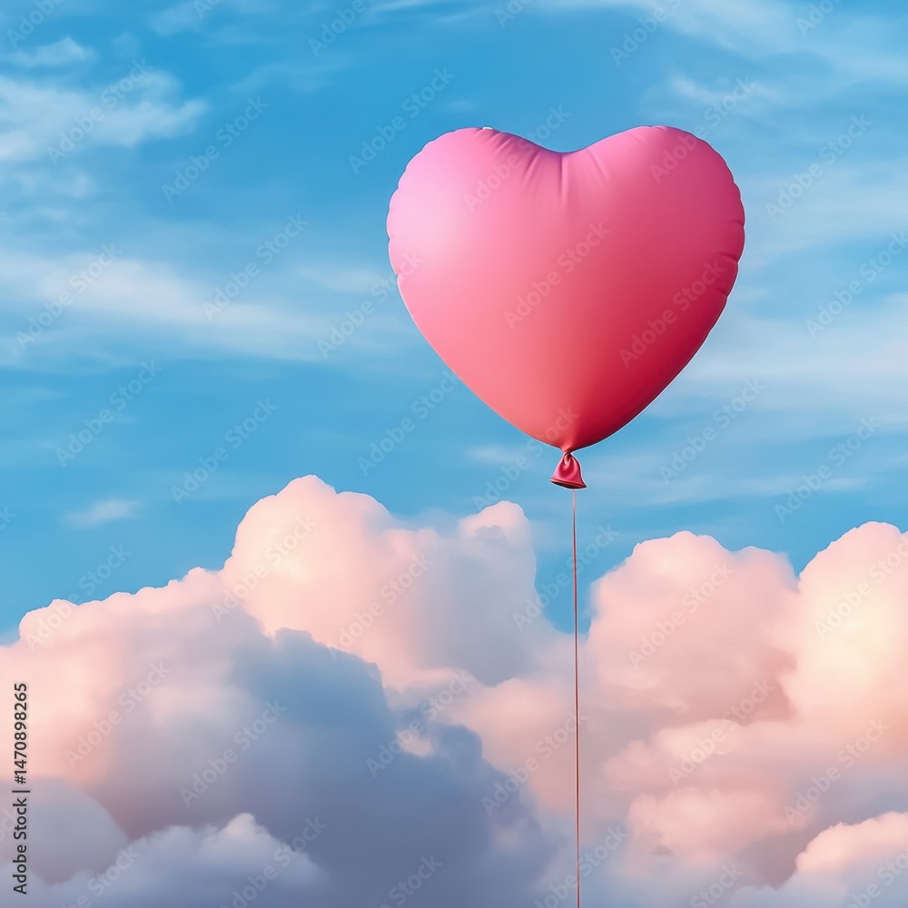 Obraz premium Pink Heart Balloon Floating In A Beautiful Cloudy Sky