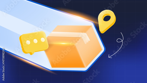 3d Fast delivery icon with a moving package, chat bubble, and location pin for ecommerce shipping, logistics tracking, and express order fulfillment visuals. vector illustrator 