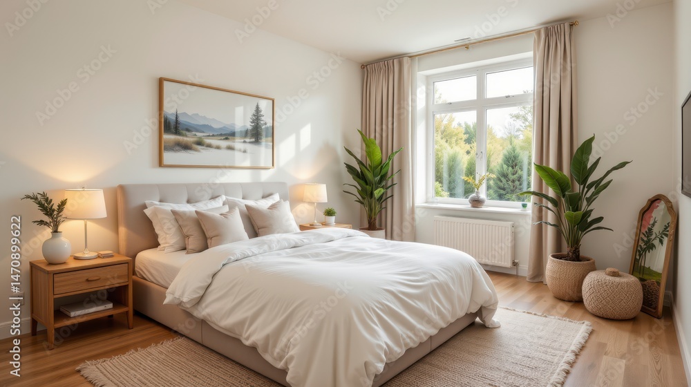 Modern minimalist bedroom design with large window, greenery, and cozy bedding for peaceful relaxation Modern minimalist bedroom design with large window, greenery, and cozy bedding for peaceful relaxation