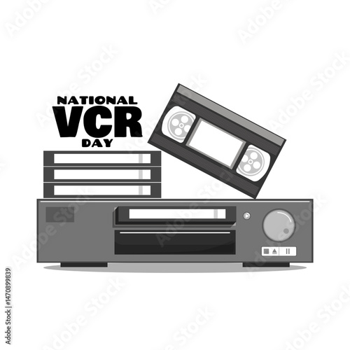 National VCR Day to celebrate on June 7th. Video cassette player with cassette tape on white background. Electronic event banner.