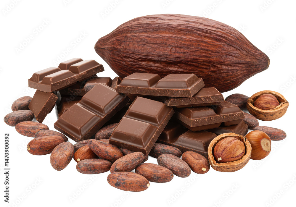 Chocolate bars with cocoa isolated on transparent background Chocolate bars with cocoa isolated on transparent background