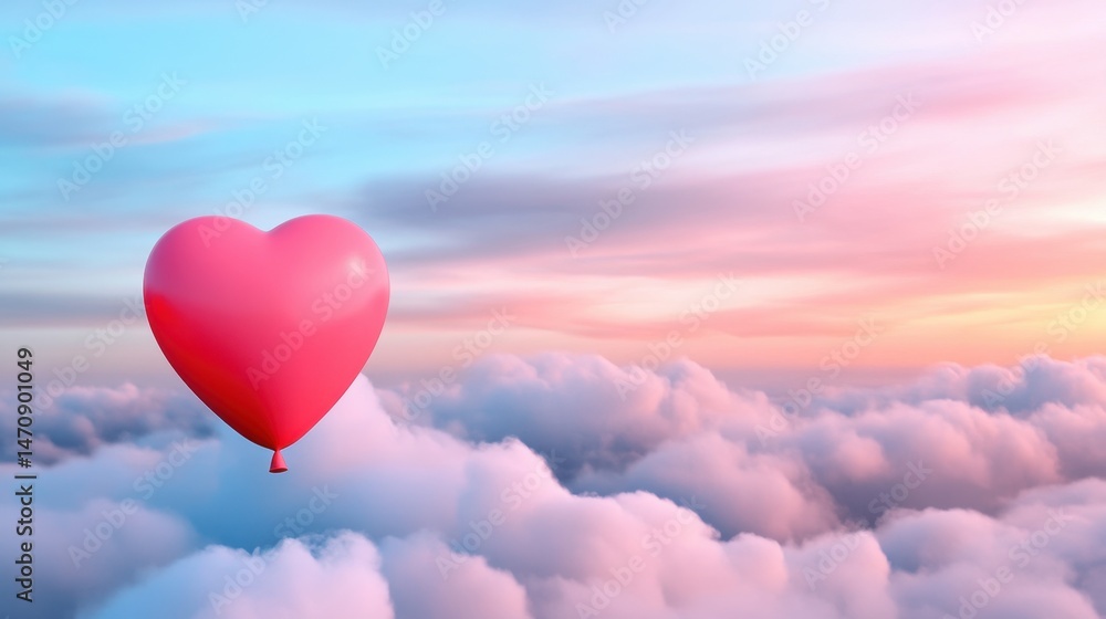 Romantic heart balloon drifting high against a peaceful sky and fluffy clouds Romantic heart balloon drifting high against a peaceful sky and fluffy clouds