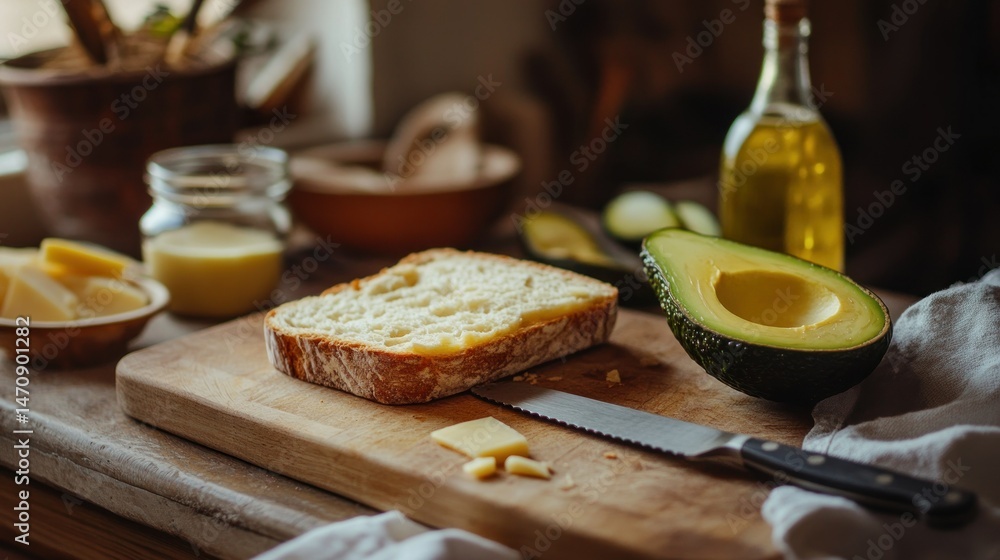 A rustic scene with avocado and other kitchen ingredients A rustic scene with avocado and other kitchen ingredients