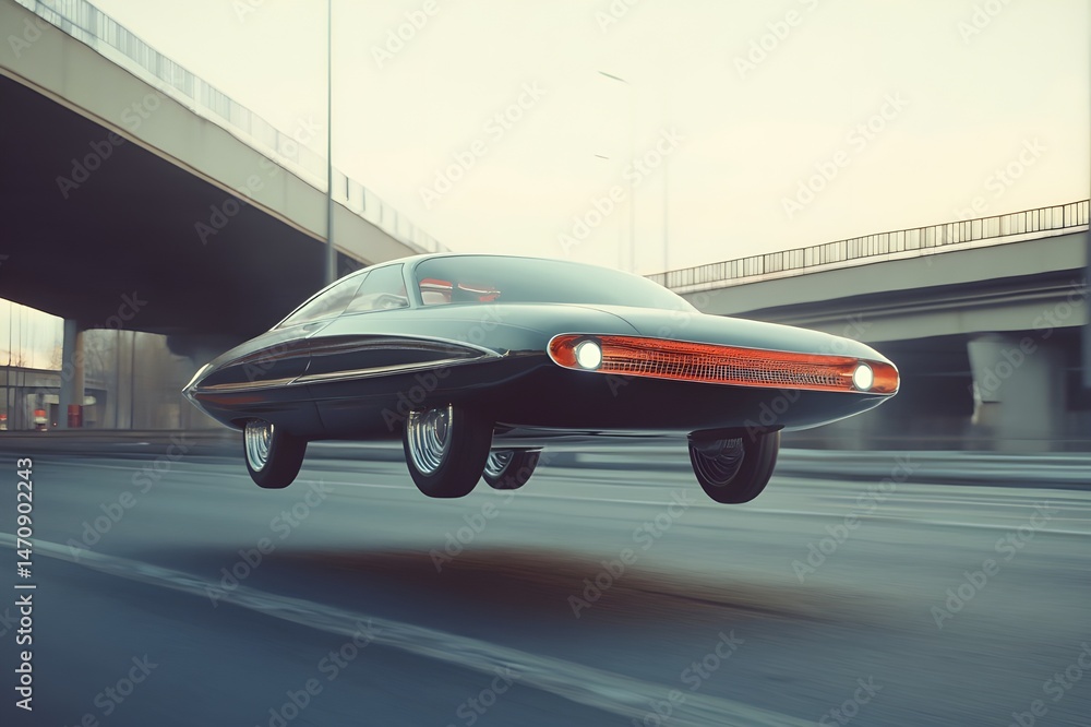 Futuristic retro car without wheels, flying over the streets and highways, very cool atmosphere and retro feeling Futuristic retro car without wheels, flying over the streets and highways, very cool atmosphere and retro feeling