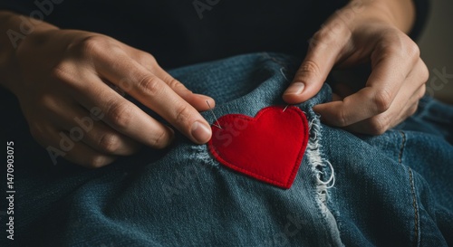 Close-up of hands carefully attaching a red heart patch to denim.