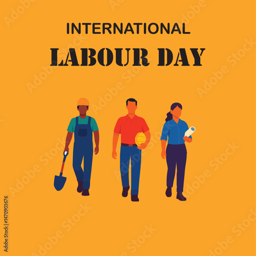 International Labour Day Illustration with Diverse Workers on Orange Background