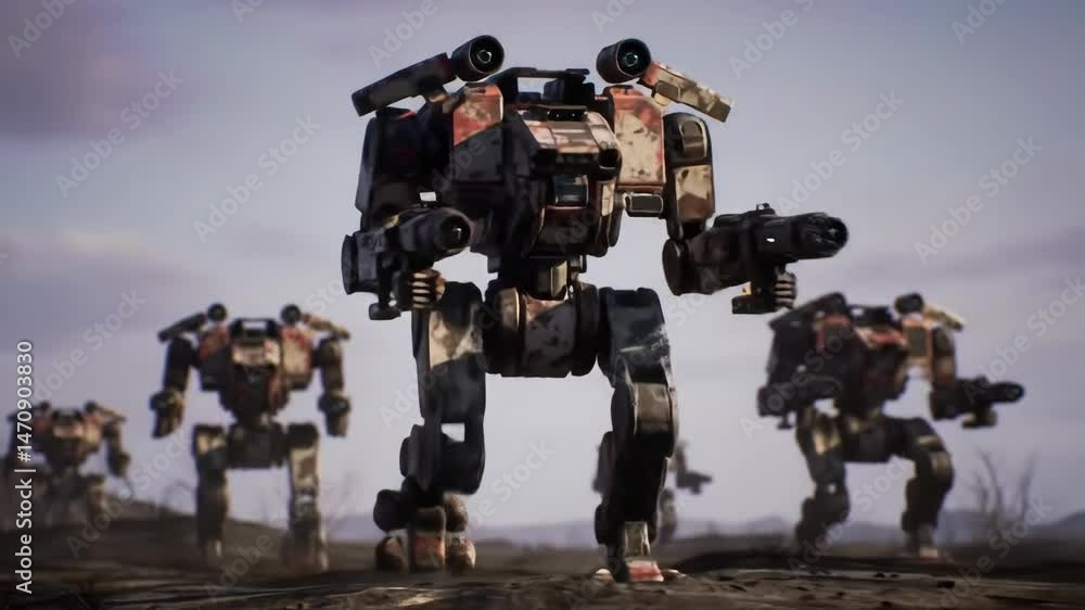 Futuristic War Robots on Battlefield Futuristic War Robots on Battlefield