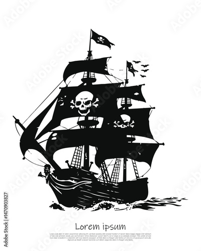Silhouette of Pirate ship with Skull and Crossbones Sailing the Ocean with Bats