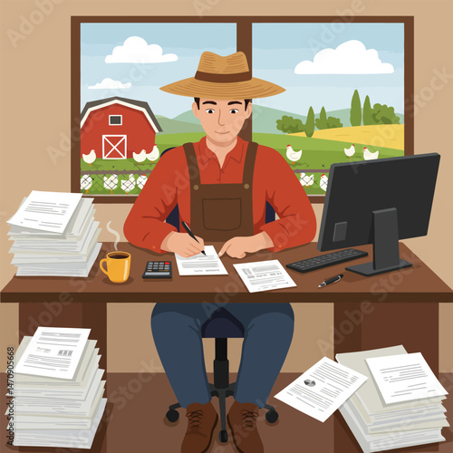 Farmer at Desk Doing Paperwork with Rural Scene Outside Window