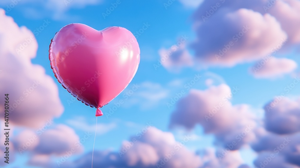 Fototapeta premium Symbolic pink balloon shaped like heart gently moving through sky with puffy clouds