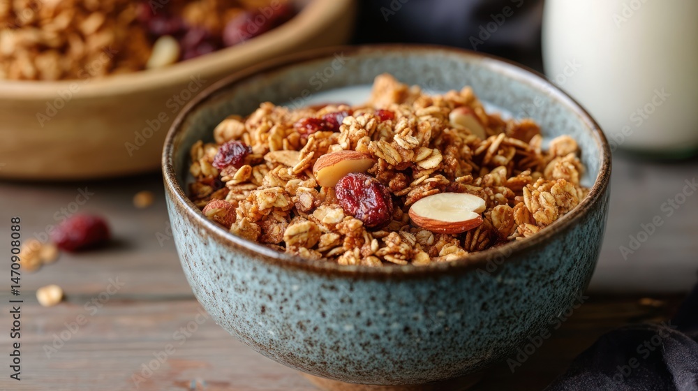 Healthy breakfast cereal in a rustic bowl. Healthy breakfast cereal in a rustic bowl.