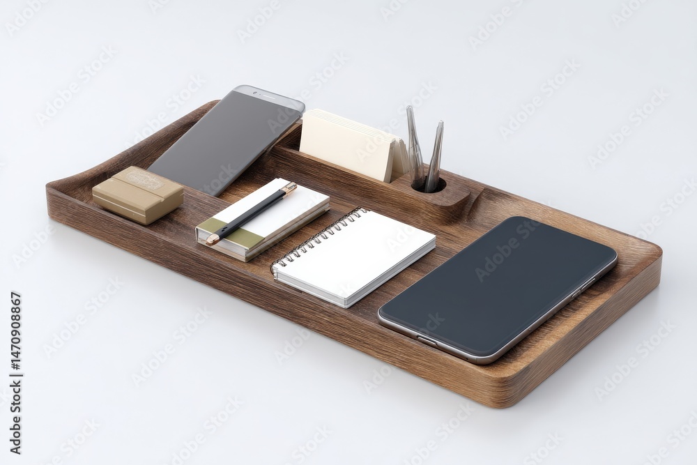 Organized workspace with wooden tray, smartphones, notepad, and pen. Organized workspace with wooden tray, smartphones, notepad, and pen.