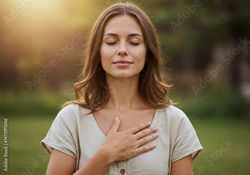 A peaceful woman outdoors holds her hand over her heart, promoting inner peace and wellness.