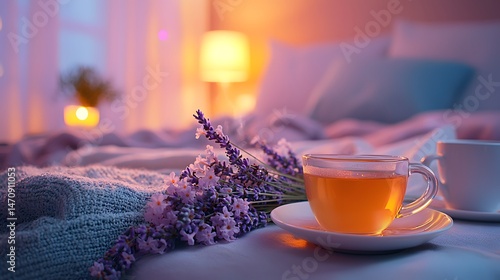 Relaxing evening ritual in a serene bedroom with chamomile tea